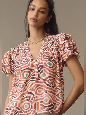 Maeve Anthropologie Geometric Print Flutter Sleeve Smocked V Neck Blouse Size S